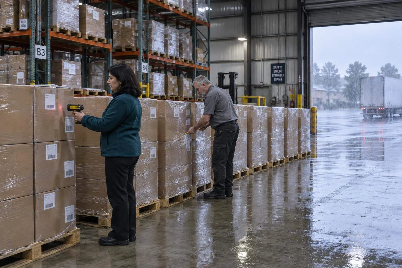 A forensic accountant scans a carton on a row of pallets while a warehouse supervisor cuts open shrink-wrap in a rainy-day warehouse.