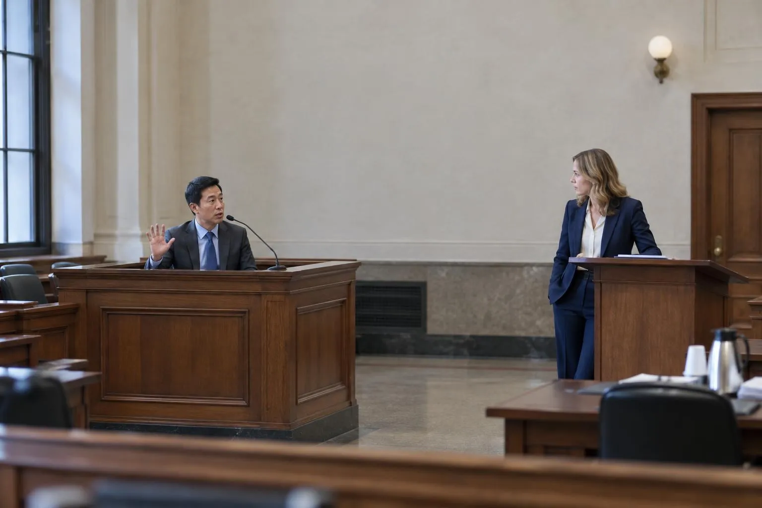 A forensic accountant rehearses testimony while an attorney closely questions his explanation beside the witness enclosure.