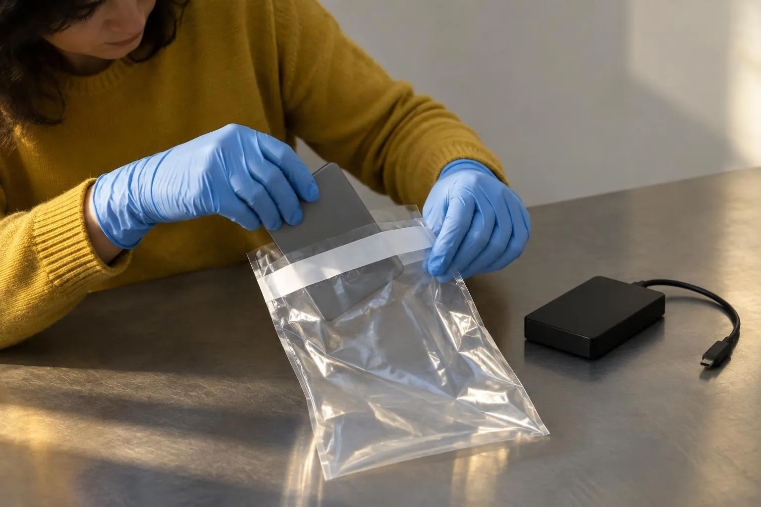Gloved hands lower a grey external hard drive into a clear evidence bag beside a black write-blocker on a steel table.
