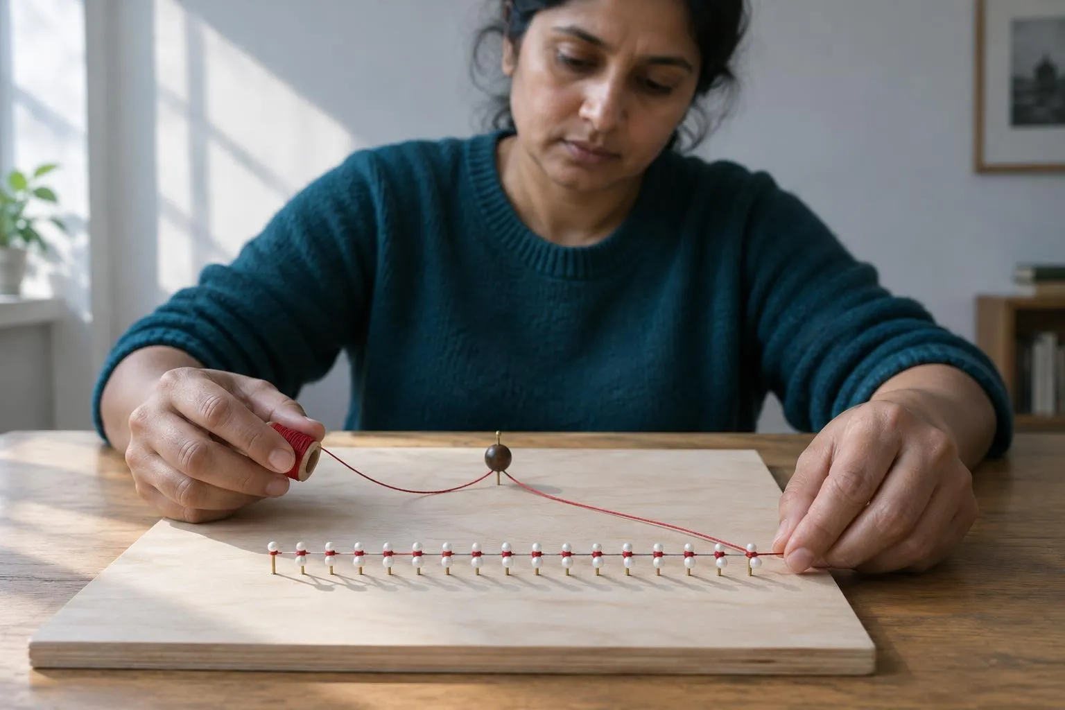 Hands draw red thread along a row of eighteen pins and beads on a board, linking a larger dark bead to the line.