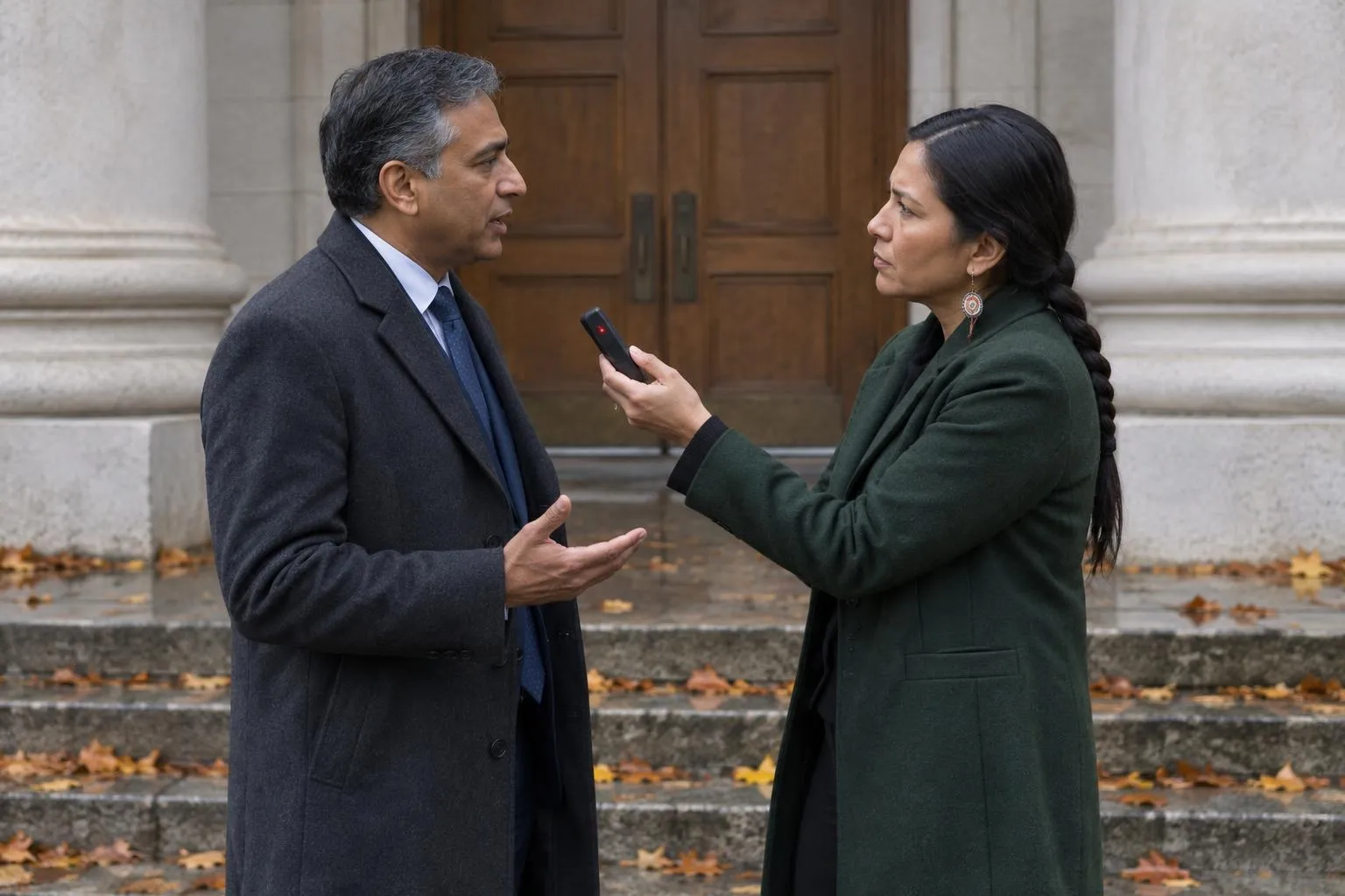 A trial attorney records a hiring conversation with a prospective forensic accountant outside a courthouse.
