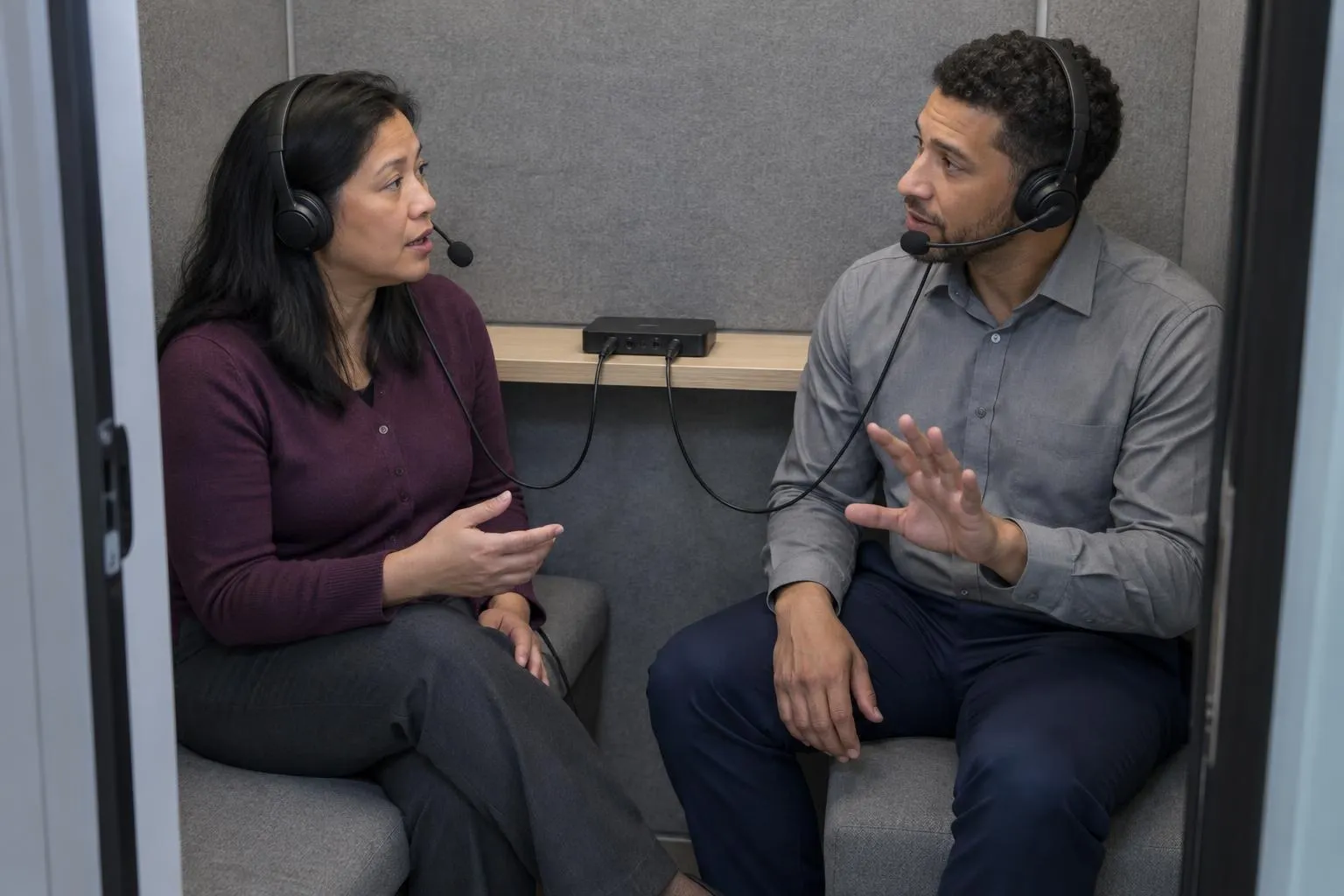 Two forensic accountants use wired headsets for a remote interview, exchanging a quiet cue inside an acoustic booth.