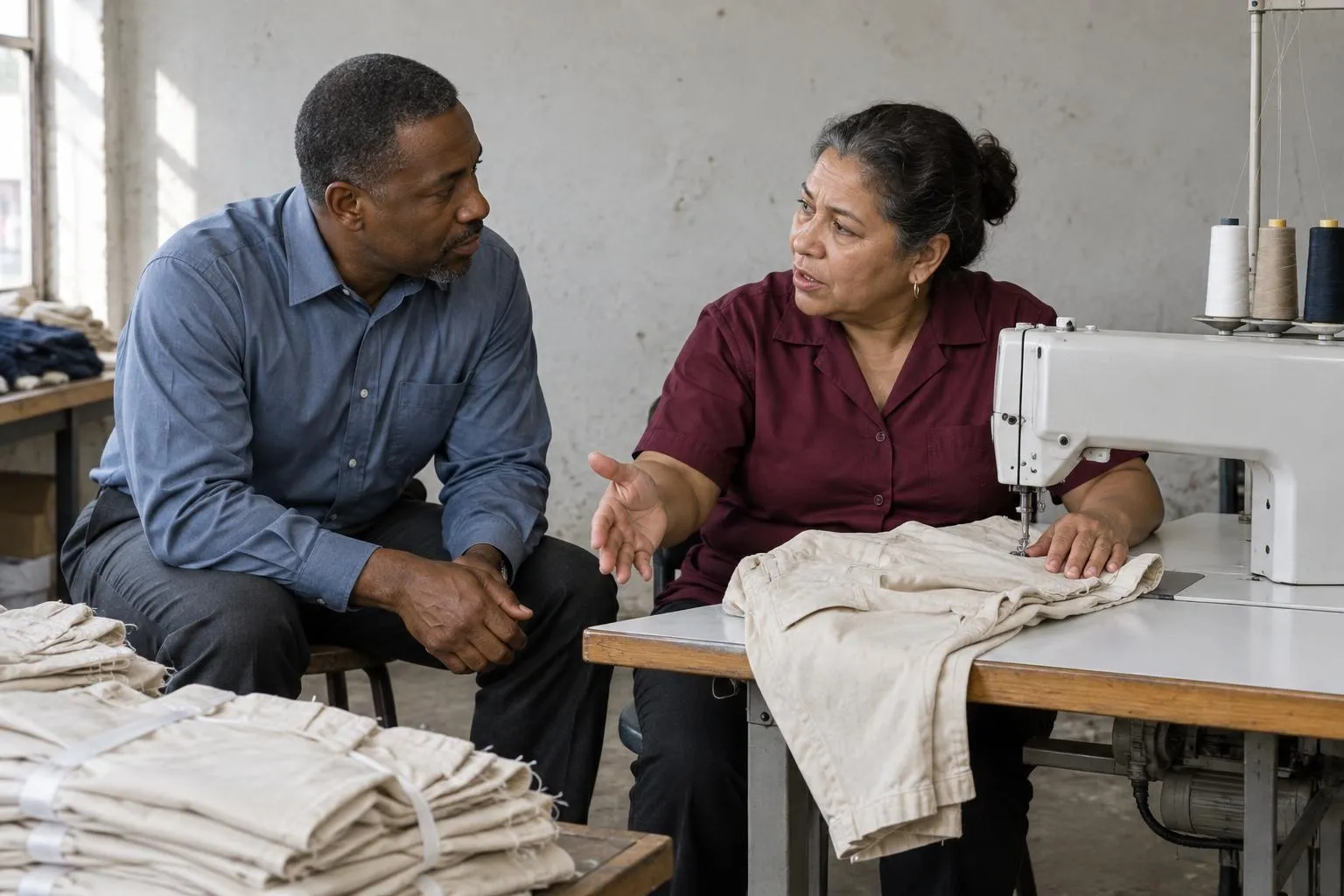 A garment-workshop owner discusses payroll concerns with a forensic accountant beside her sewing machine.